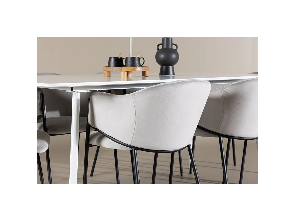 Ensemble Table à Manger & 6 Chaises "Evelina & Silar" 180cm Blanc & Gris