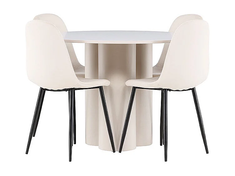 Olivia ensemble pour salle à manger table Ø110cm et 4 chaises velours beige.