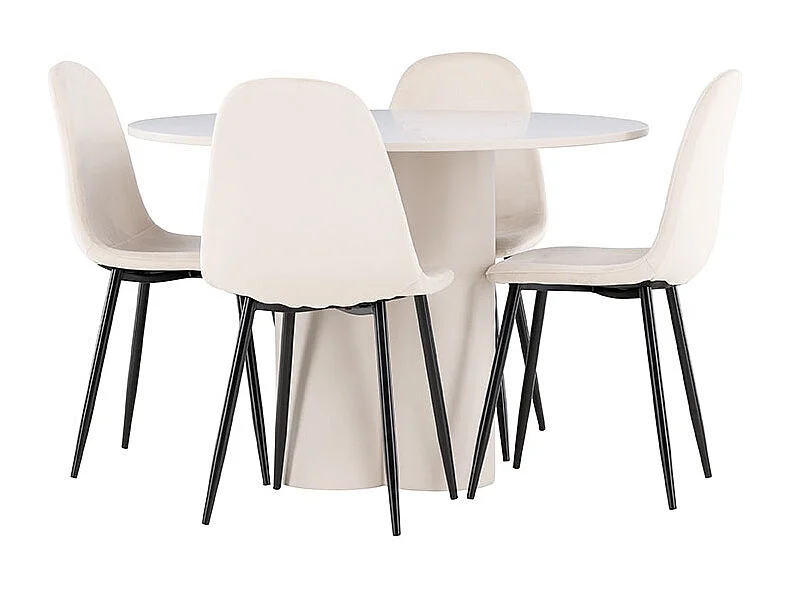 Olivia ensemble pour salle à manger table Ø110cm et 4 chaises velours beige.