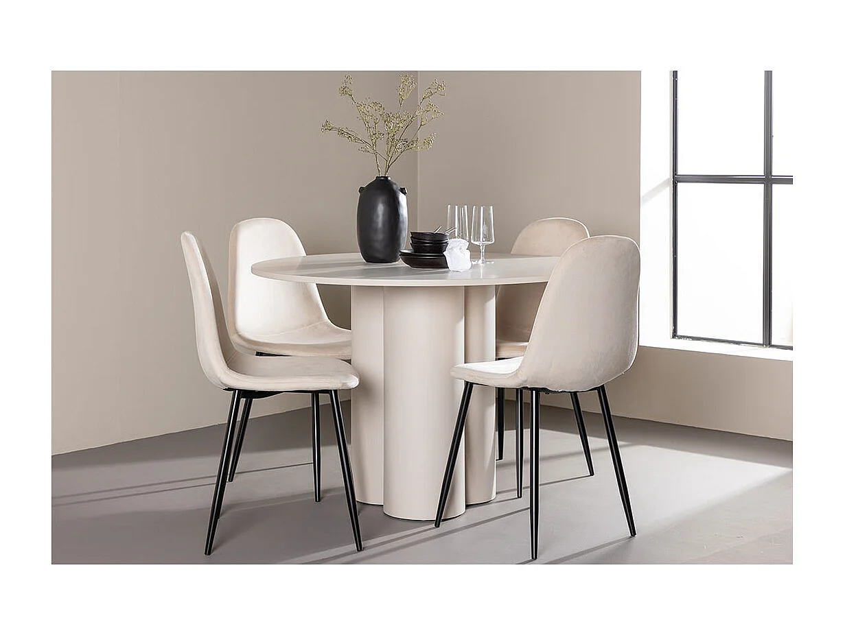 Olivia ensemble pour salle à manger table Ø110cm et 4 chaises velours beige.