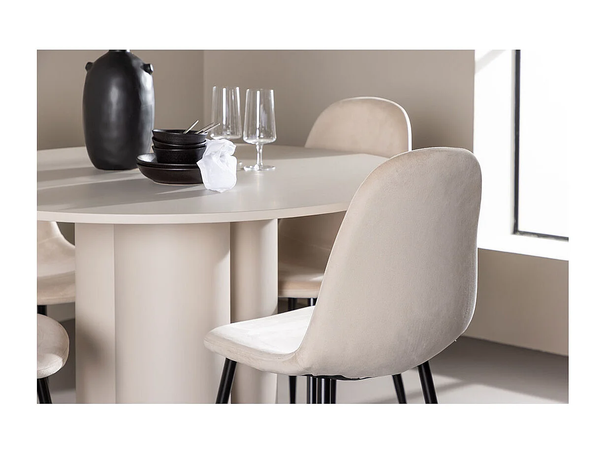 Olivia ensemble pour salle à manger table Ø110cm et 4 chaises velours beige.