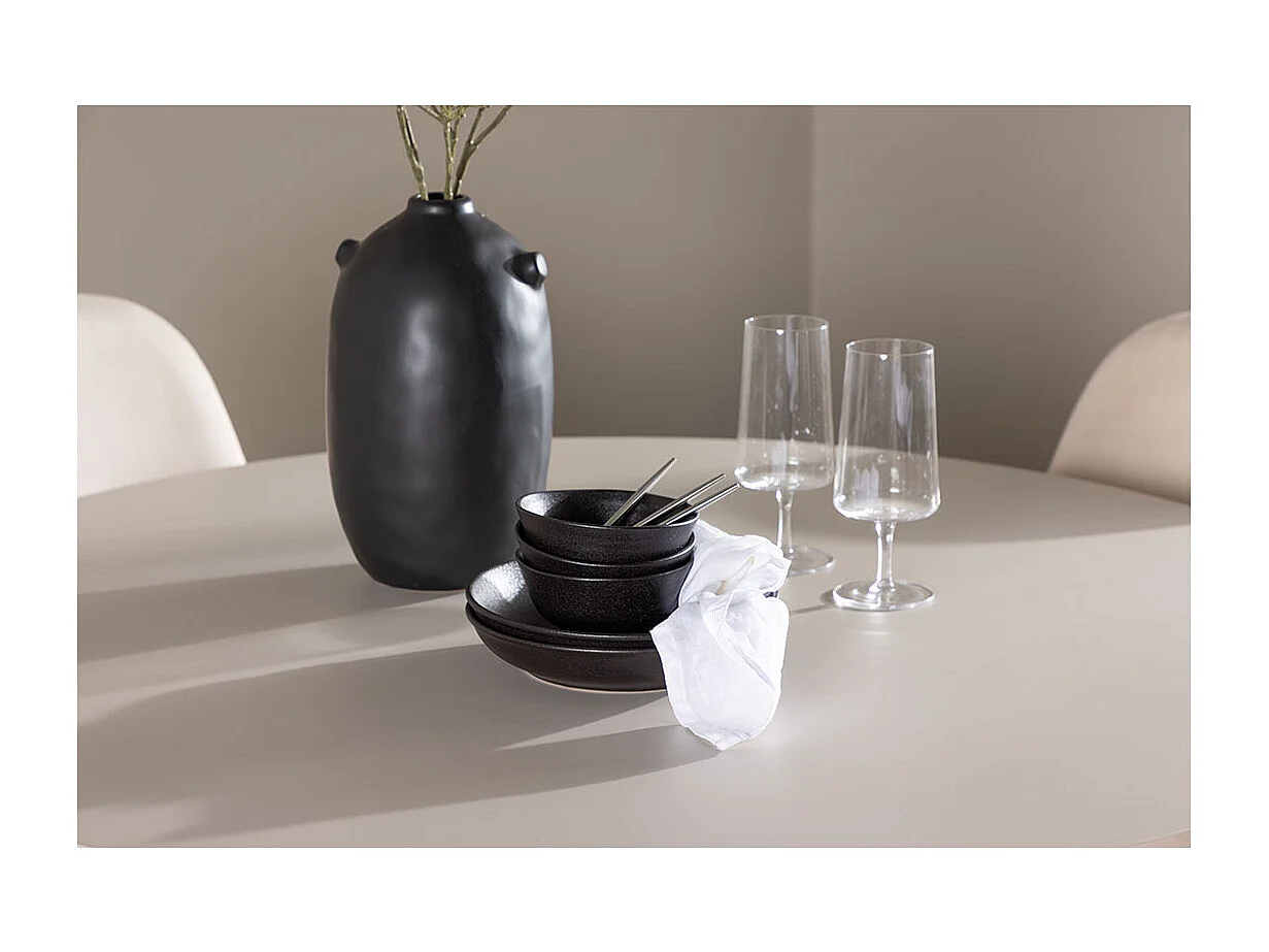 Olivia ensemble pour salle à manger table Ø110cm et 4 chaises velours beige.