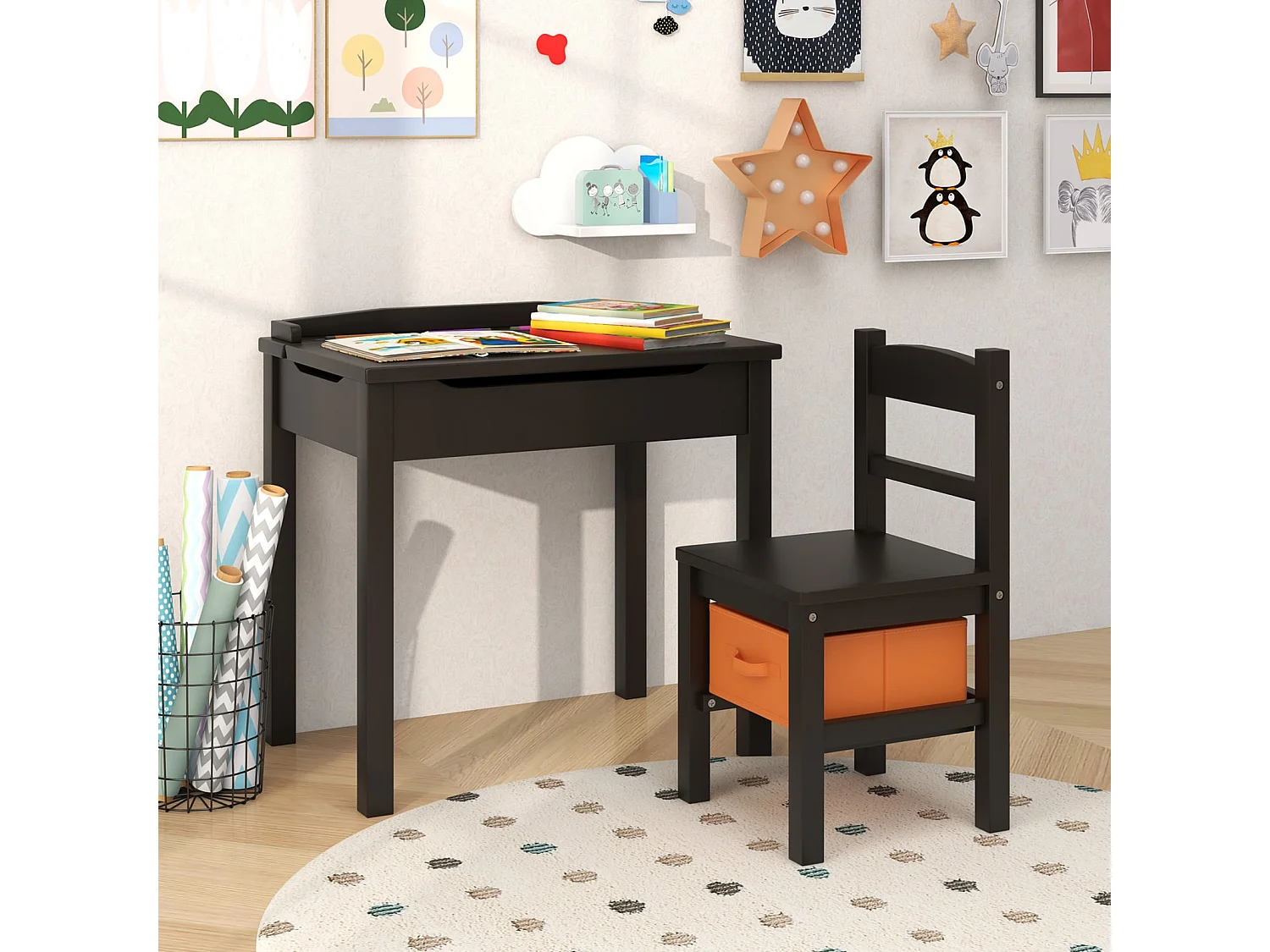 Set tavolo e sedia per bambini in legno massello, Scrivania ribaltabile con sedia per stanza giochi asilo Caffè