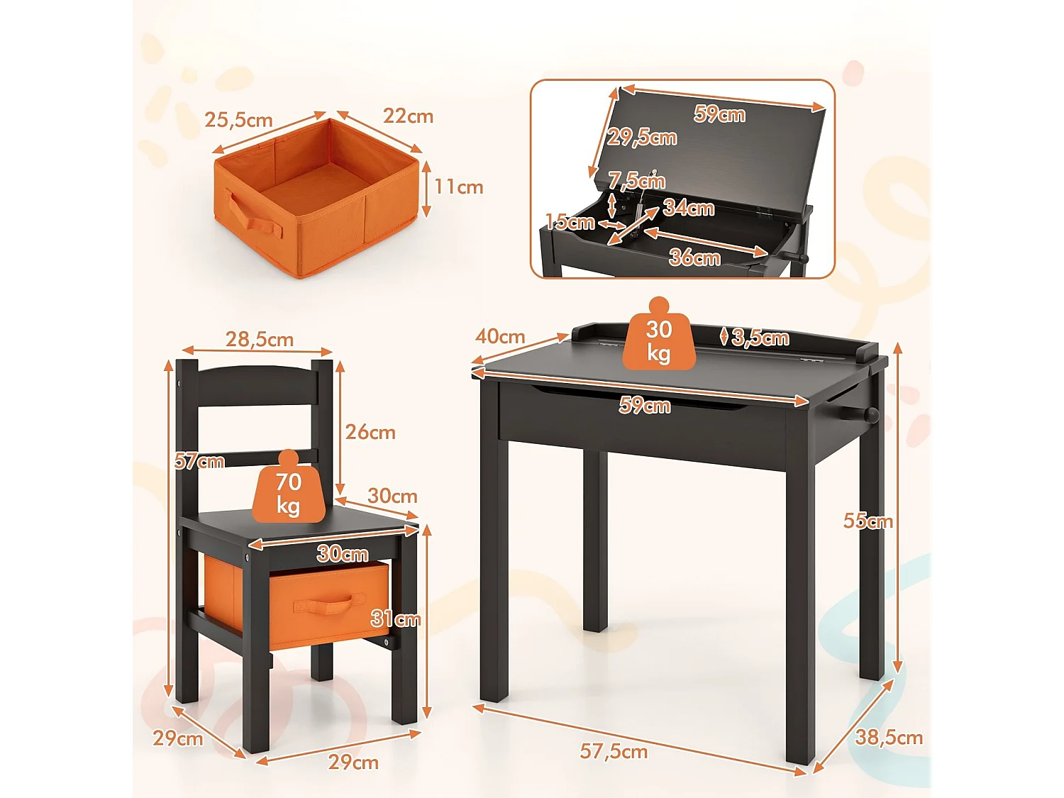 Set tavolo e sedia per bambini in legno massello, Scrivania ribaltabile con sedia per stanza giochi asilo Caffè