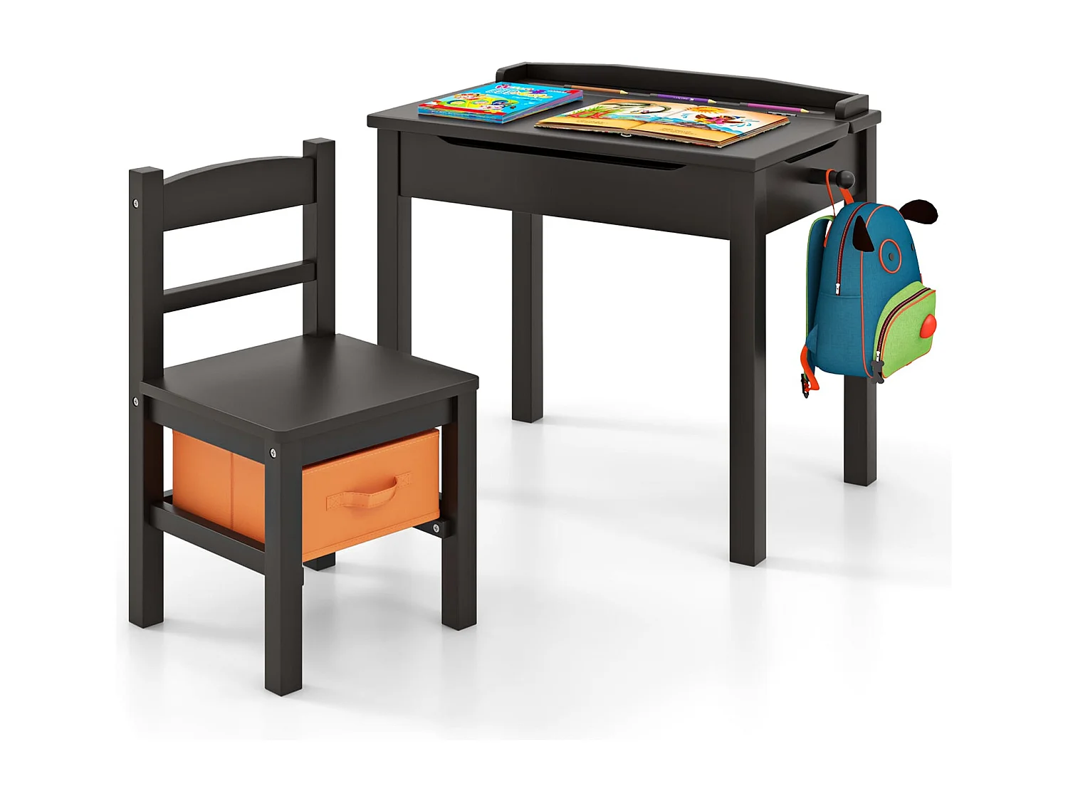 Set tavolo e sedia per bambini in legno massello, Scrivania ribaltabile con sedia per stanza giochi asilo Caffè