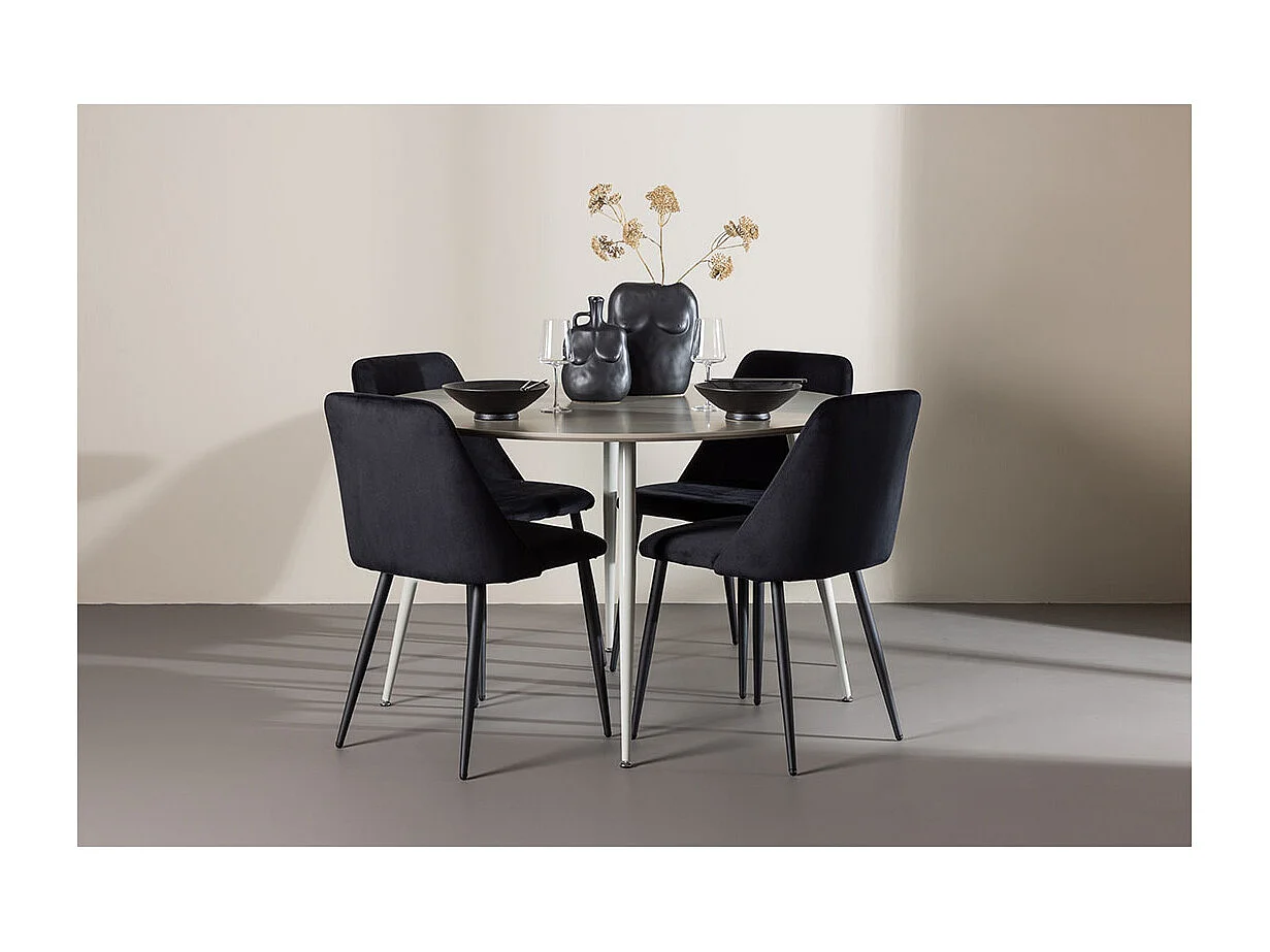 Plaza ensemble pour salle à manger table Ø120cm et 4 chaises velours beige.
