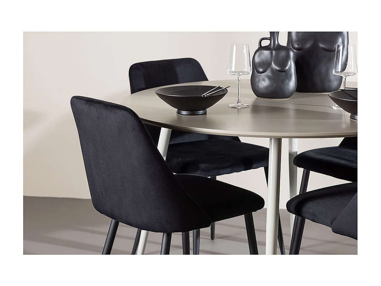 Plaza ensemble pour salle à manger table Ø120cm et 4 chaises velours beige.
