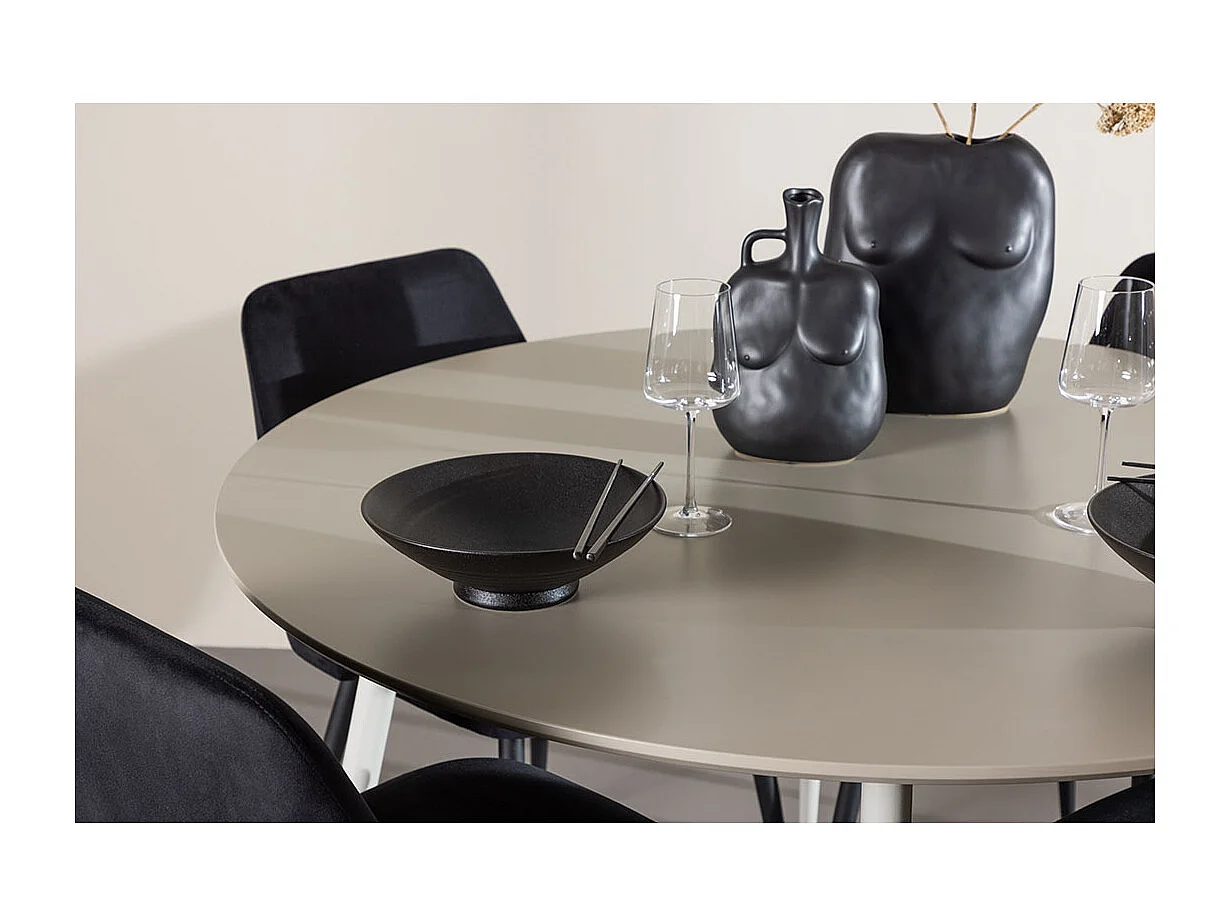 Plaza ensemble pour salle à manger table Ø120cm et 4 chaises velours beige.