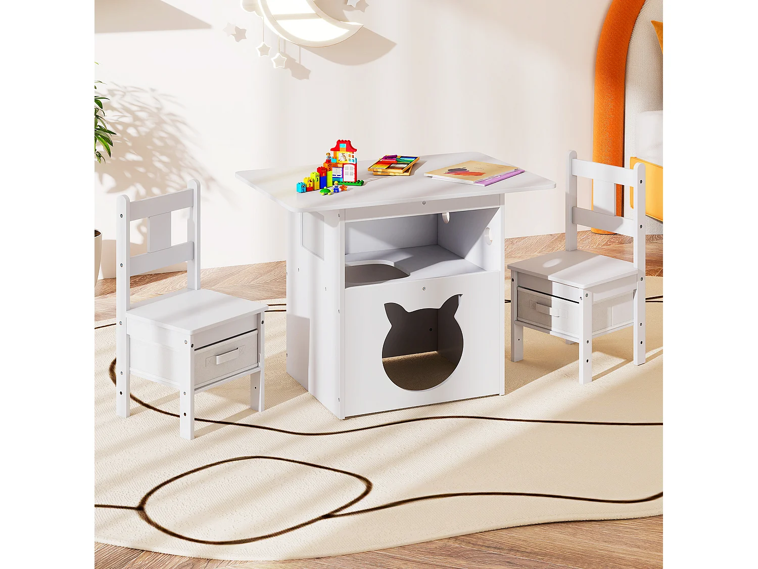 Ensemble Table et Chaises Enfants Mobilier 2-en-1 avec Maison de Chat Trou pour Chat Fenêtre Transparente 2 Chaises pour  3 Ans +Blanc