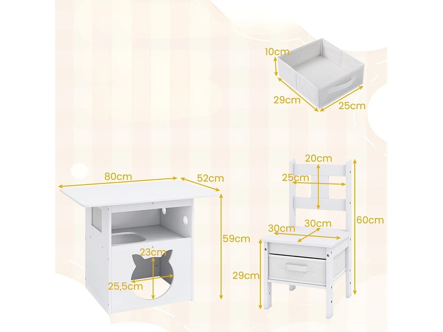 Ensemble Table et Chaises Enfants Mobilier 2-en-1 avec Maison de Chat Trou pour Chat Fenêtre Transparente 2 Chaises pour  3 Ans +Blanc