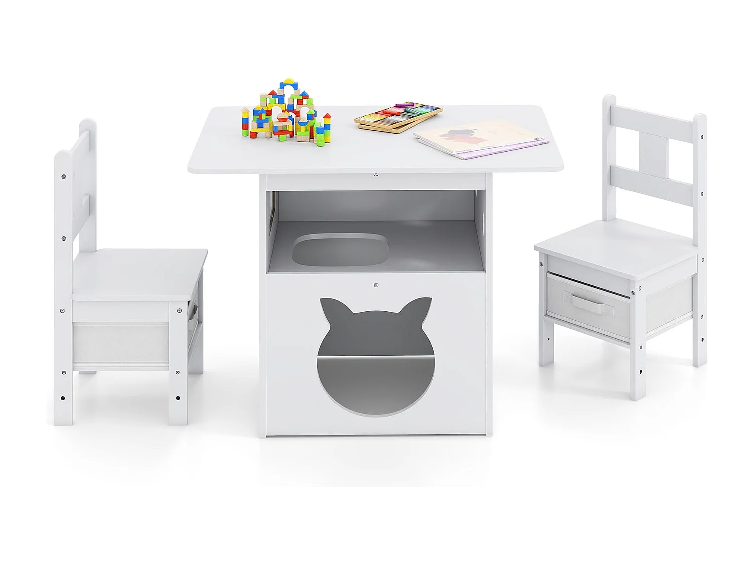 Ensemble Table et Chaises Enfants Mobilier 2-en-1 avec Maison de Chat Trou pour Chat Fenêtre Transparente 2 Chaises pour  3 Ans +Blanc