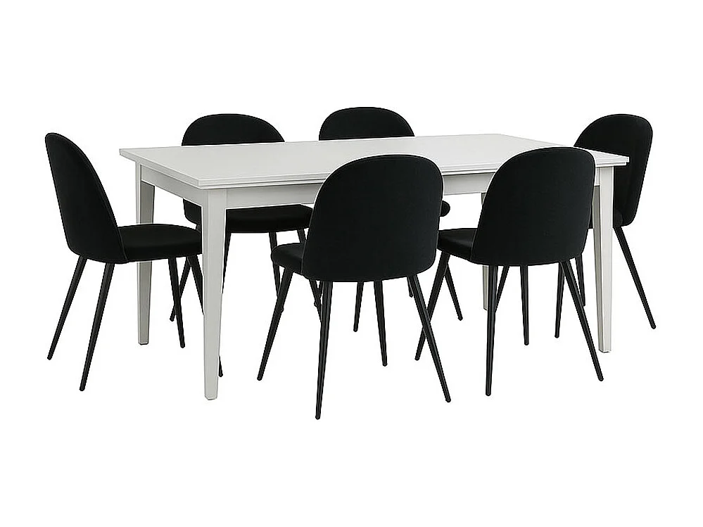 Venedig ensemble pour salle à manger table à manger blanc 95x180/276 avec 2 plateaux supplémentaires 6 chaises velours noir.
