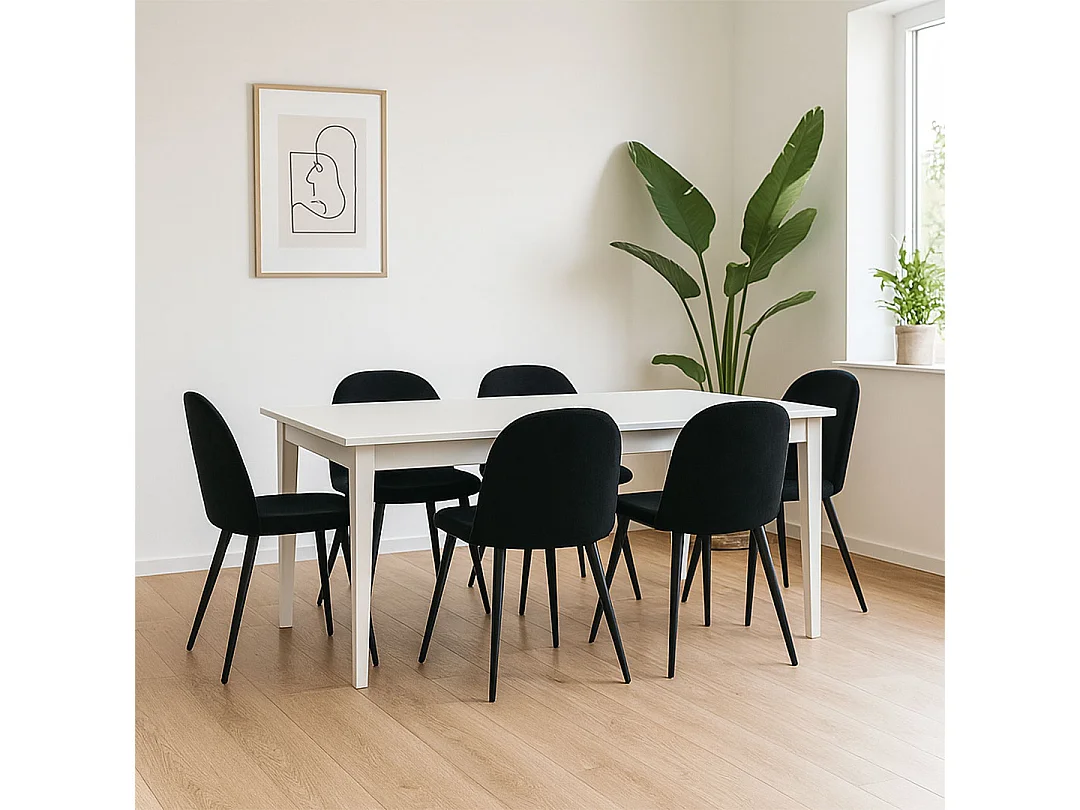 Venedig ensemble pour salle à manger table à manger blanc 95x180/276 avec 2 plateaux supplémentaires 6 chaises velours noir.