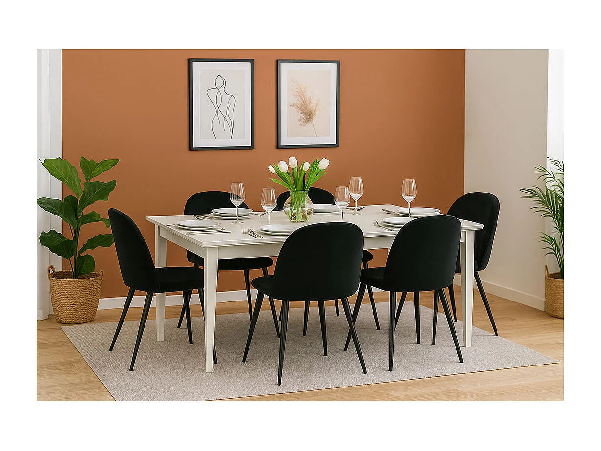 Venedig ensemble pour salle à manger table à manger blanc 95x180/276 avec 2 plateaux supplémentaires 6 chaises velours noir.