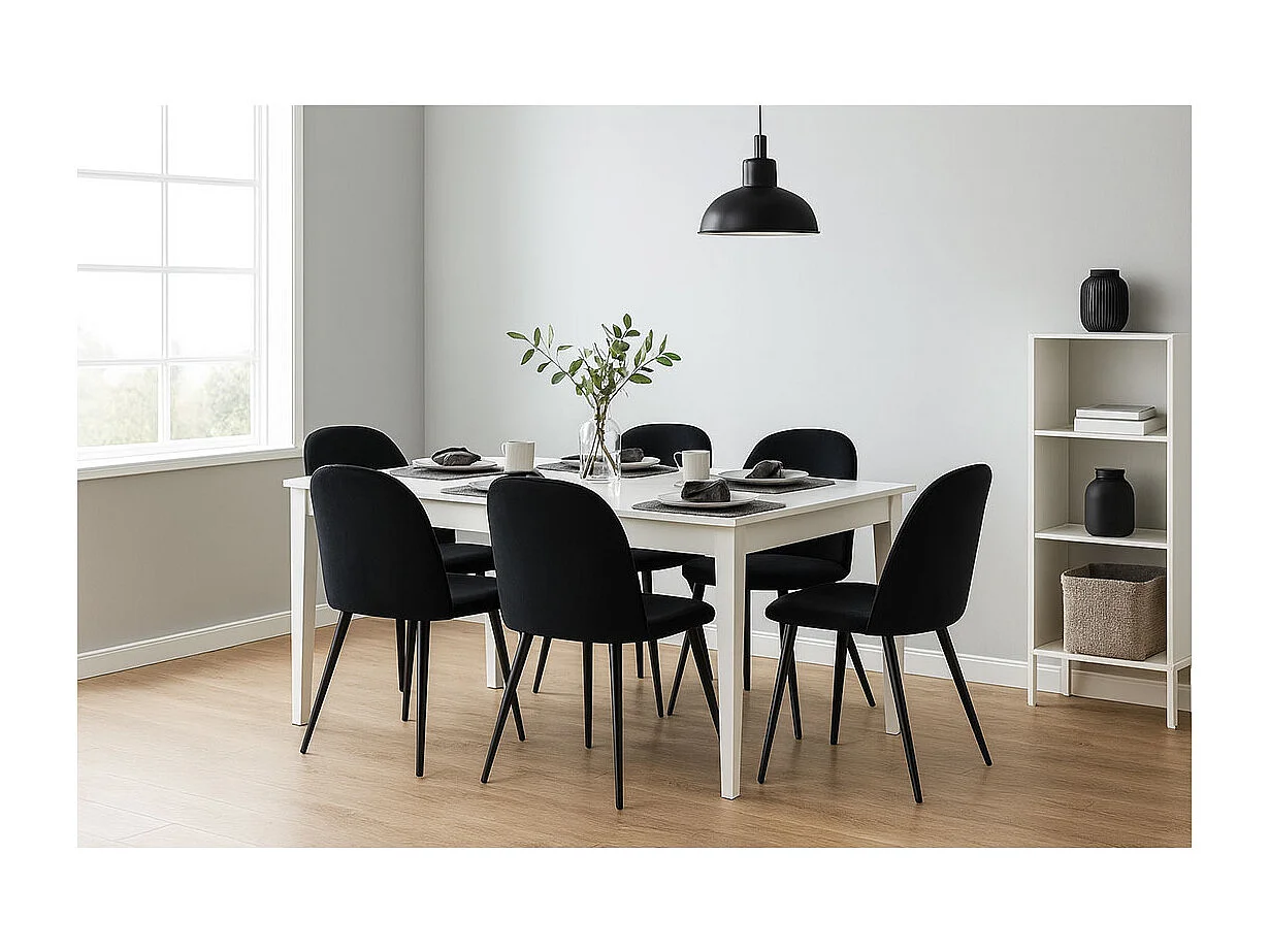 Venedig ensemble pour salle à manger table à manger blanc 95x180/276 avec 2 plateaux supplémentaires 6 chaises velours noir.