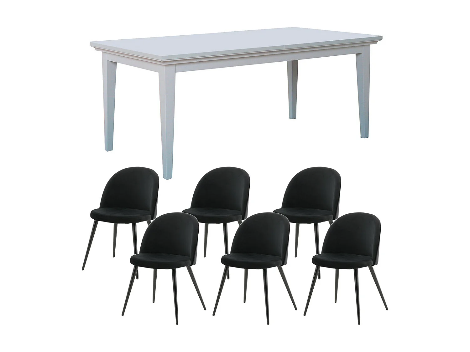 Venedig ensemble pour salle à manger table à manger blanc 95x180/276 avec 2 plateaux supplémentaires 6 chaises velours noir.
