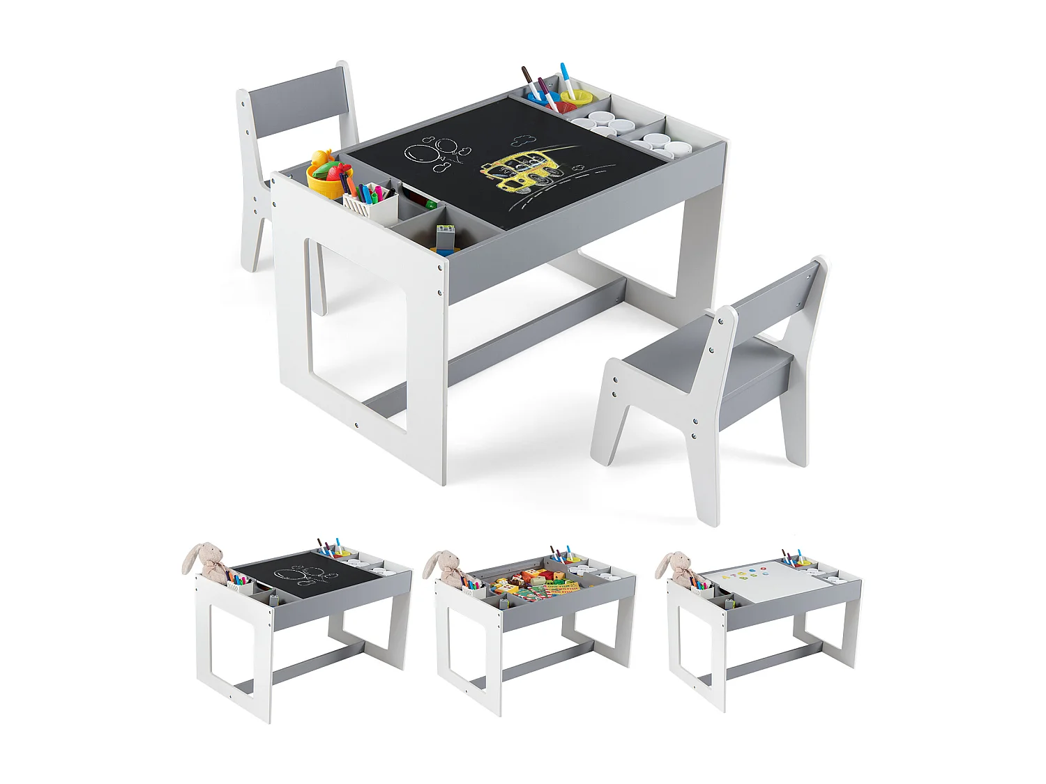 Set multifunzionale di tavolo e 2 sedie per bambini gruppo di seduta per bambini in legno con piano estraibile bifacciale grigio