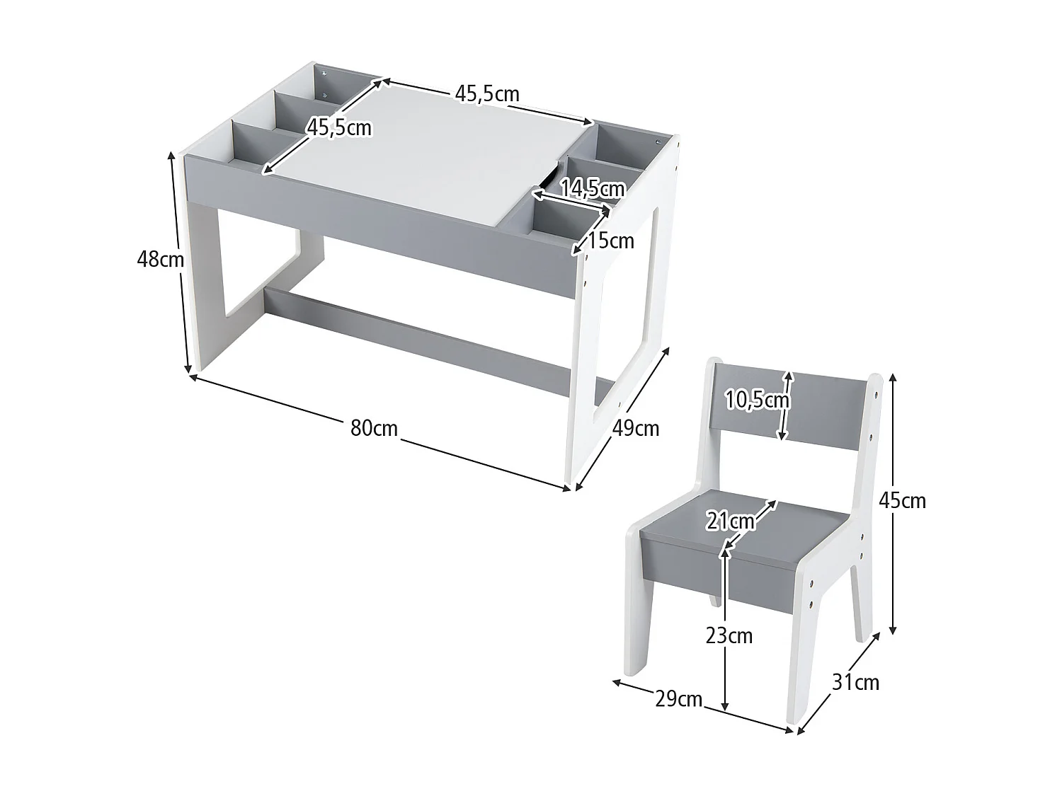 Set multifunzionale di tavolo e 2 sedie per bambini gruppo di seduta per bambini in legno con piano estraibile bifacciale grigio