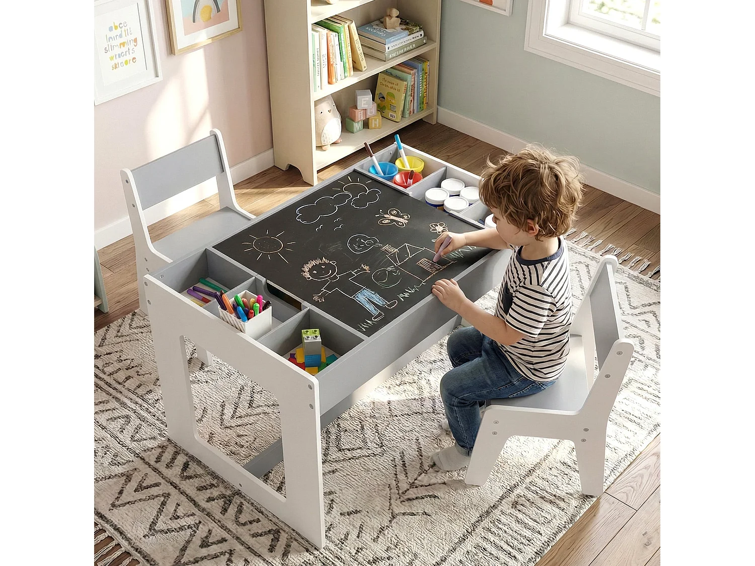 Set multifunzionale di tavolo e 2 sedie per bambini gruppo di seduta per bambini in legno con piano estraibile bifacciale grigio