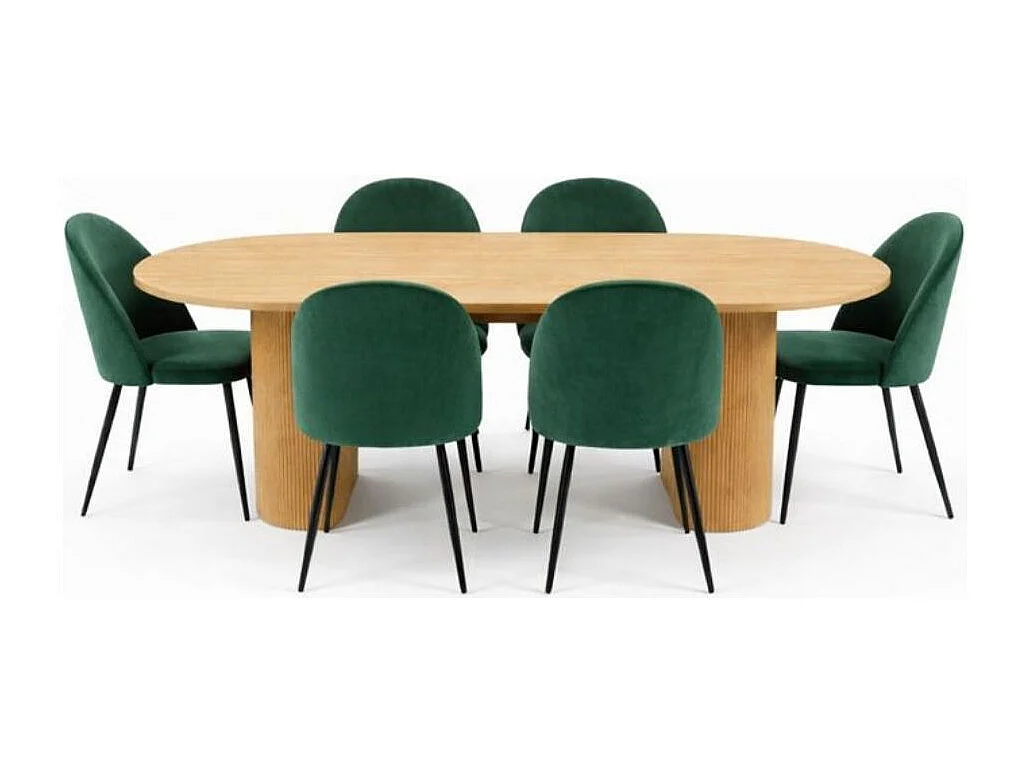 Kyoto ensemble de table à manger table 100x210cm nature, 6 chaises velours vert.