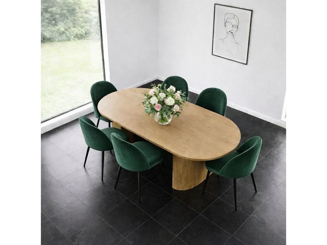 Kyoto ensemble de table à manger table 100x210cm nature, 6 chaises velours vert.