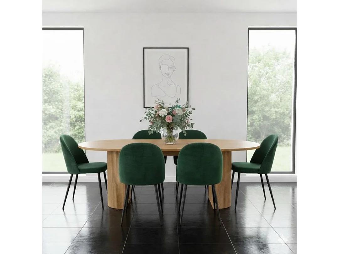 Kyoto ensemble de table à manger table 100x210cm nature, 6 chaises velours vert.