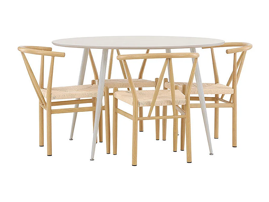 Plaza ensemble pour salle à manger table Ø120cm et 4 chaises avec accoudoirs empilables beige.