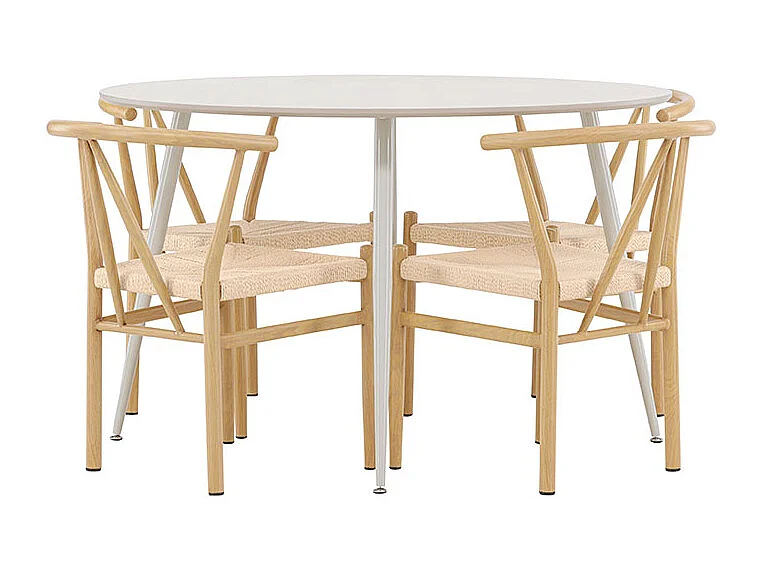 Plaza ensemble pour salle à manger table Ø120cm et 4 chaises avec accoudoirs empilables beige.