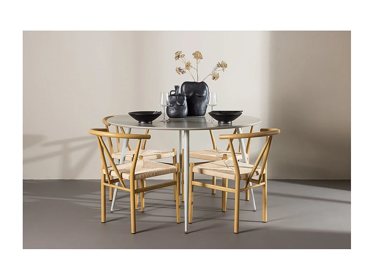 Plaza ensemble pour salle à manger table Ø120cm et 4 chaises avec accoudoirs empilables beige.