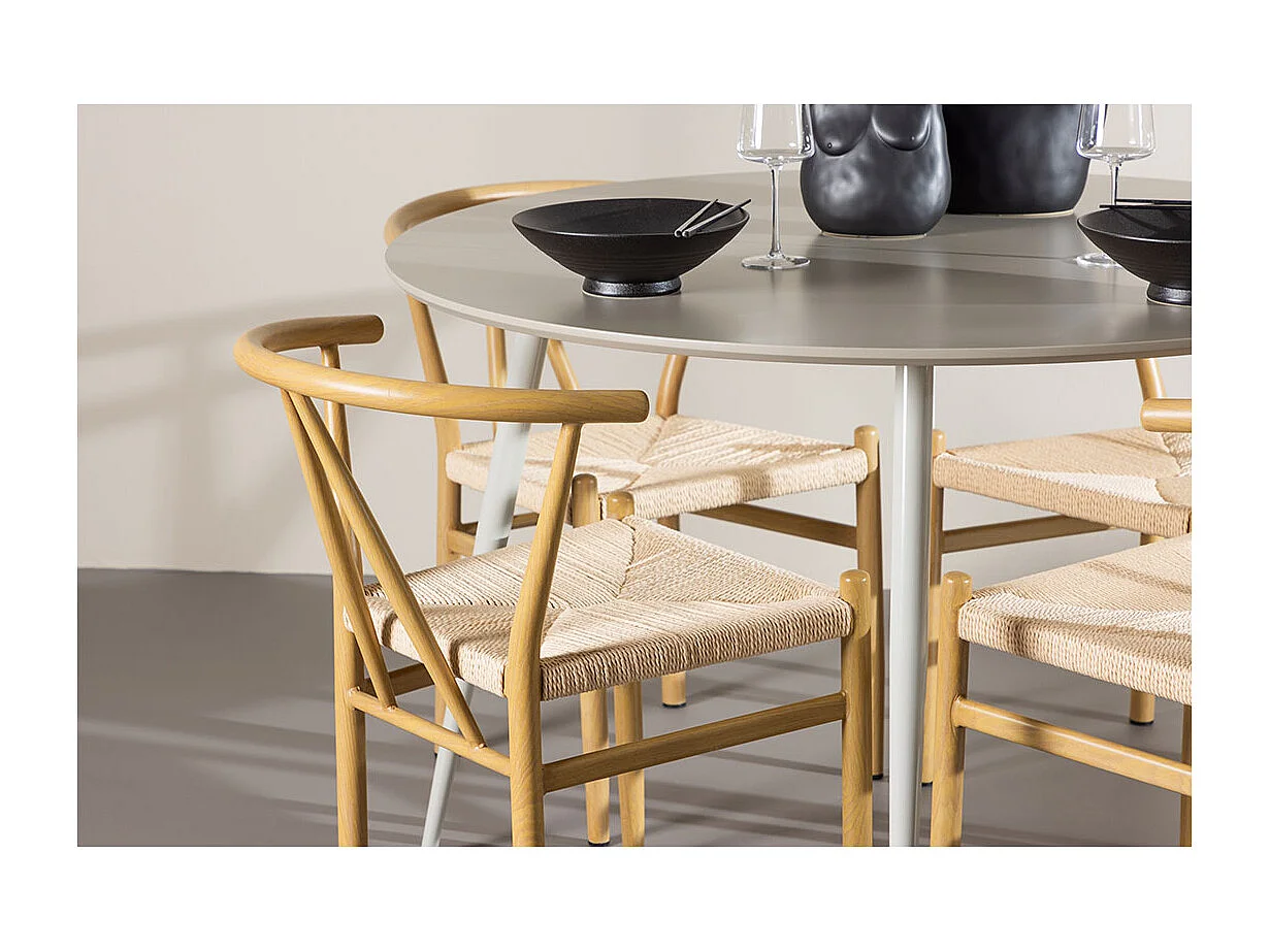 Plaza ensemble pour salle à manger table Ø120cm et 4 chaises avec accoudoirs empilables beige.