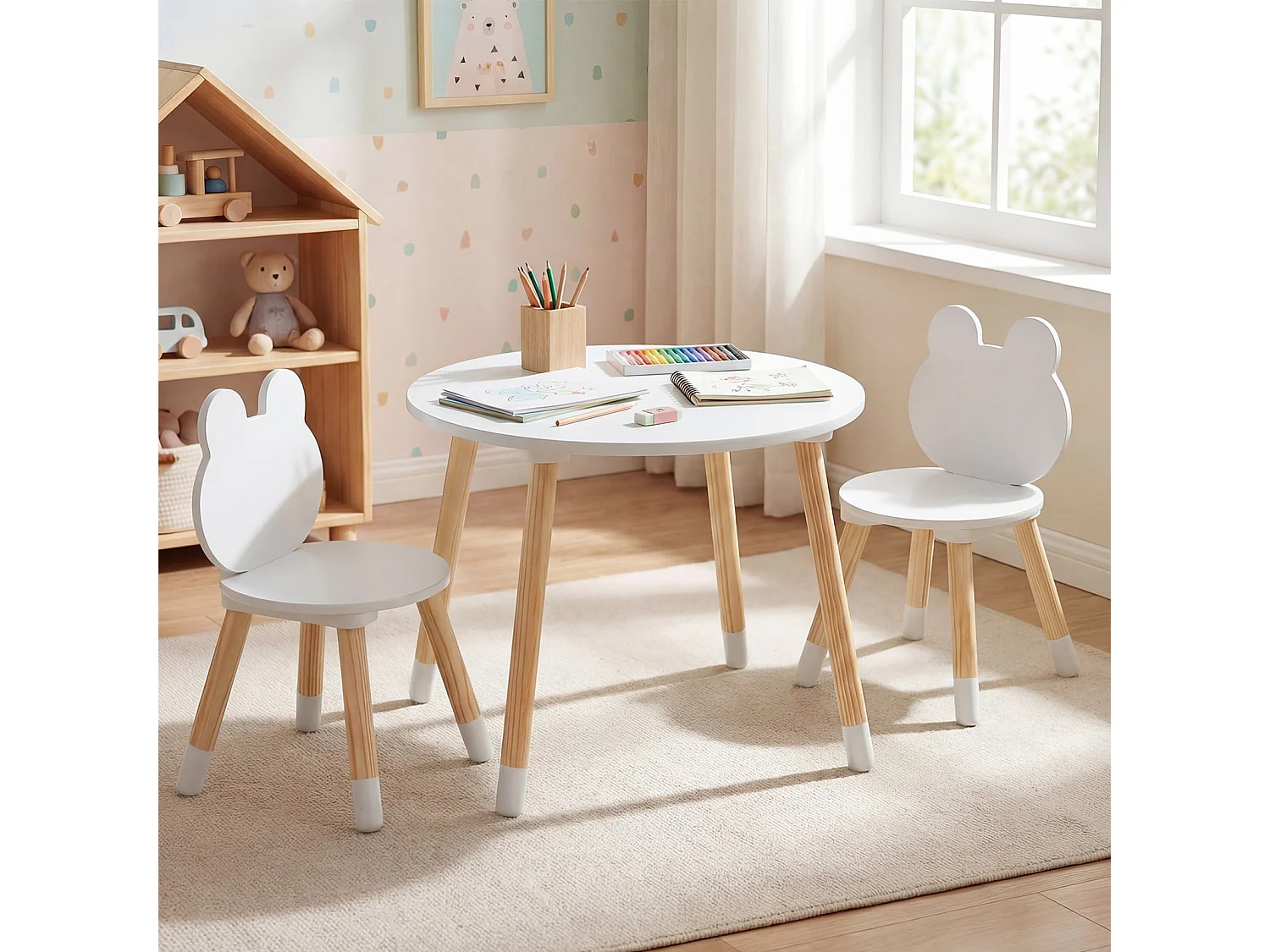 Ensemble Table et Chaises pour Enfants Bureau Multi-Activités avec Chaises en Forme de Grenouille et Pieds en Bois pour 3 Ans+ Blanc
