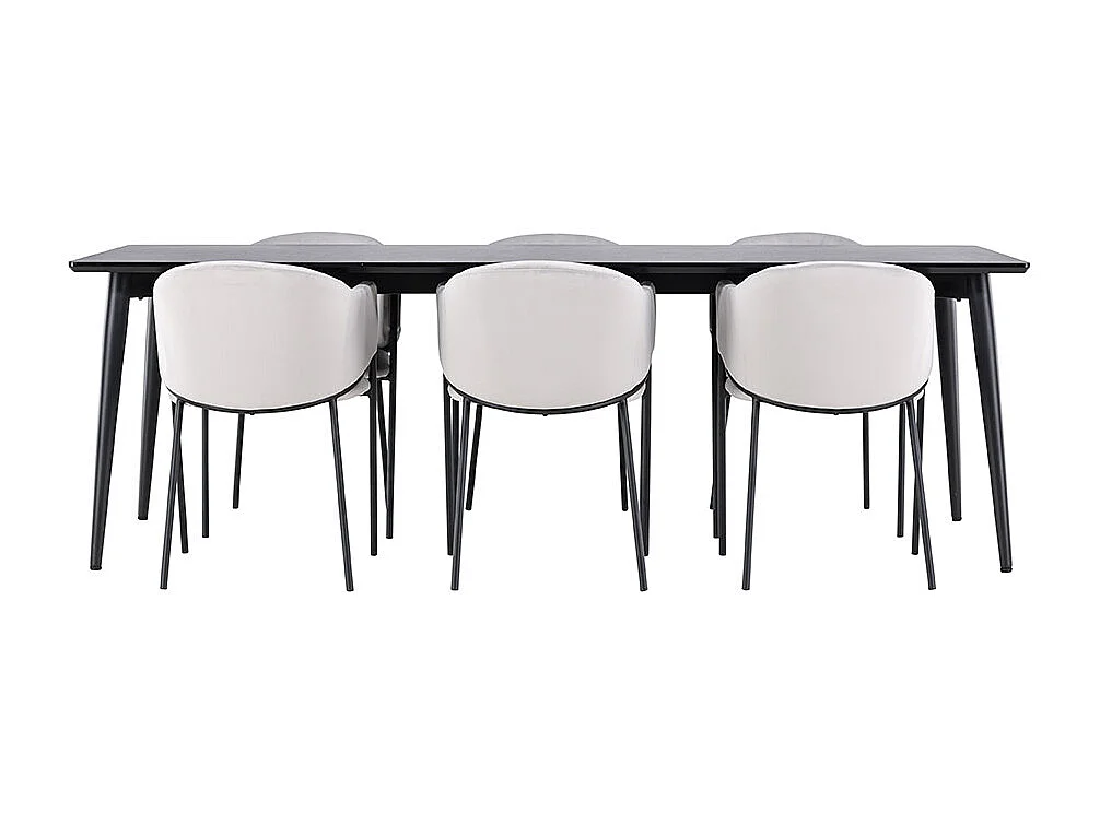 Ellis ensemble pour salle à manger table 85x230cm et 6 chaises velours avec accoudoirs noir.