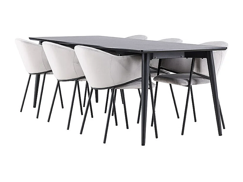 Ellis ensemble pour salle à manger table 85x230cm et 6 chaises velours avec accoudoirs noir.