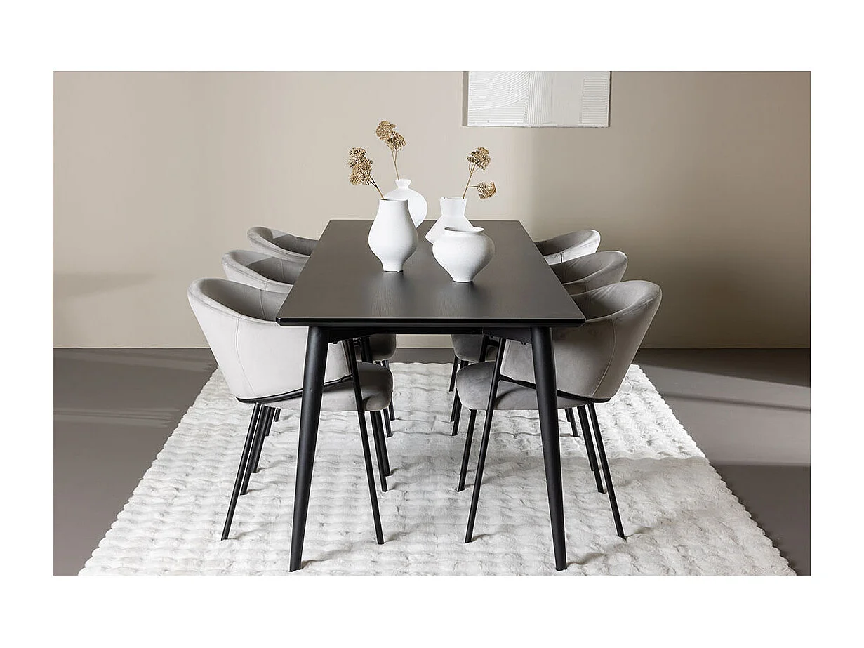 Ellis ensemble pour salle à manger table 85x230cm et 6 chaises velours avec accoudoirs noir.
