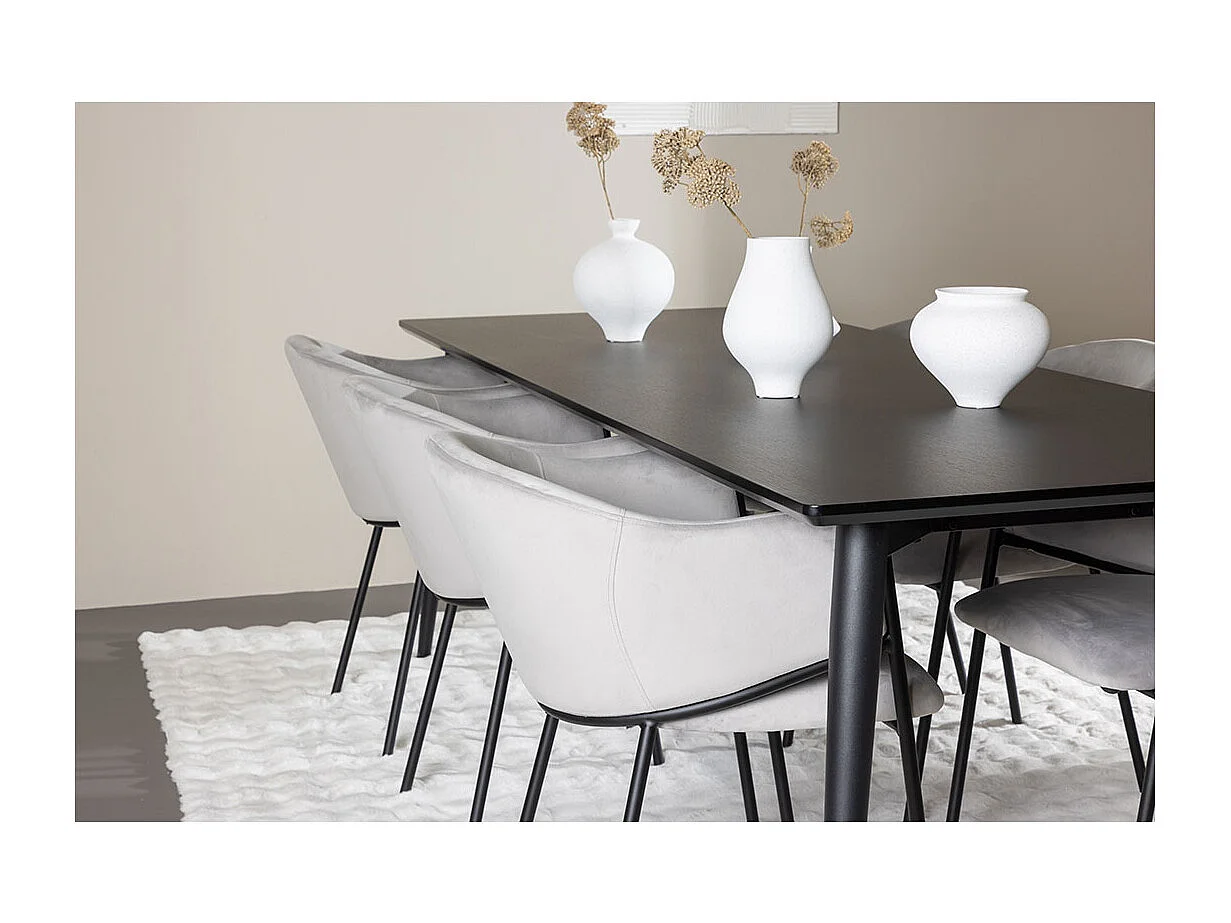 Ellis ensemble pour salle à manger table 85x230cm et 6 chaises velours avec accoudoirs noir.