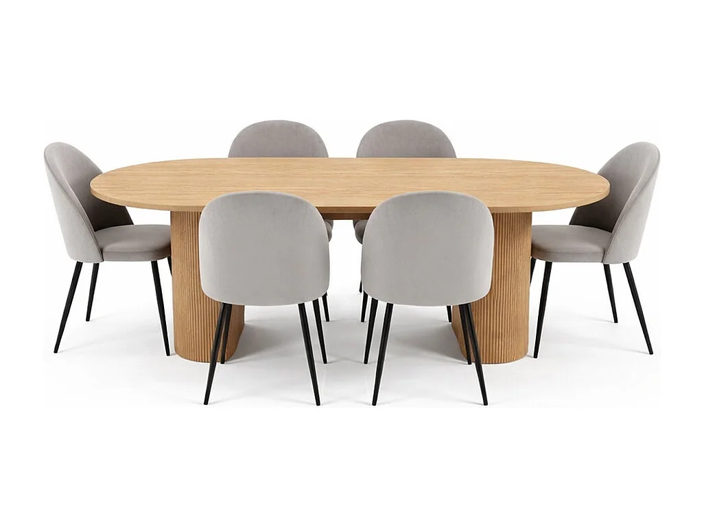 Kyoto ensemble de table à manger table 100x210cm nature, 6 chaises velours gris.