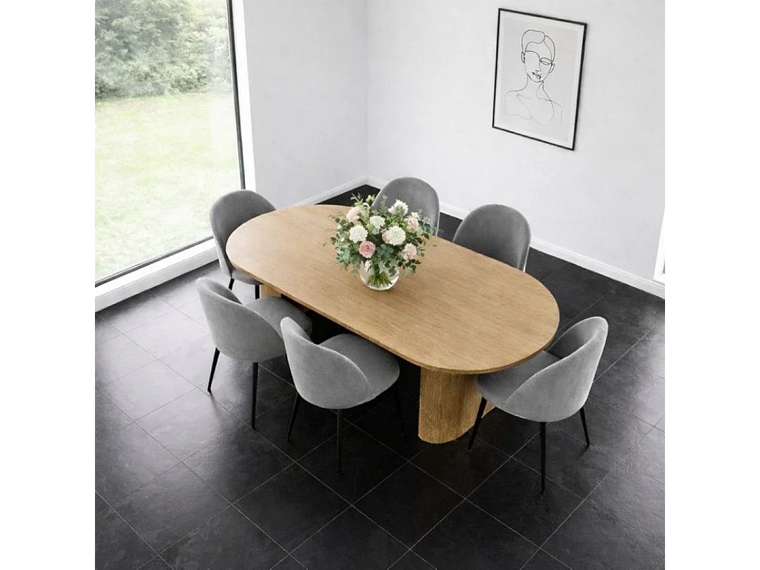 Kyoto ensemble de table à manger table 100x210cm nature, 6 chaises velours gris.