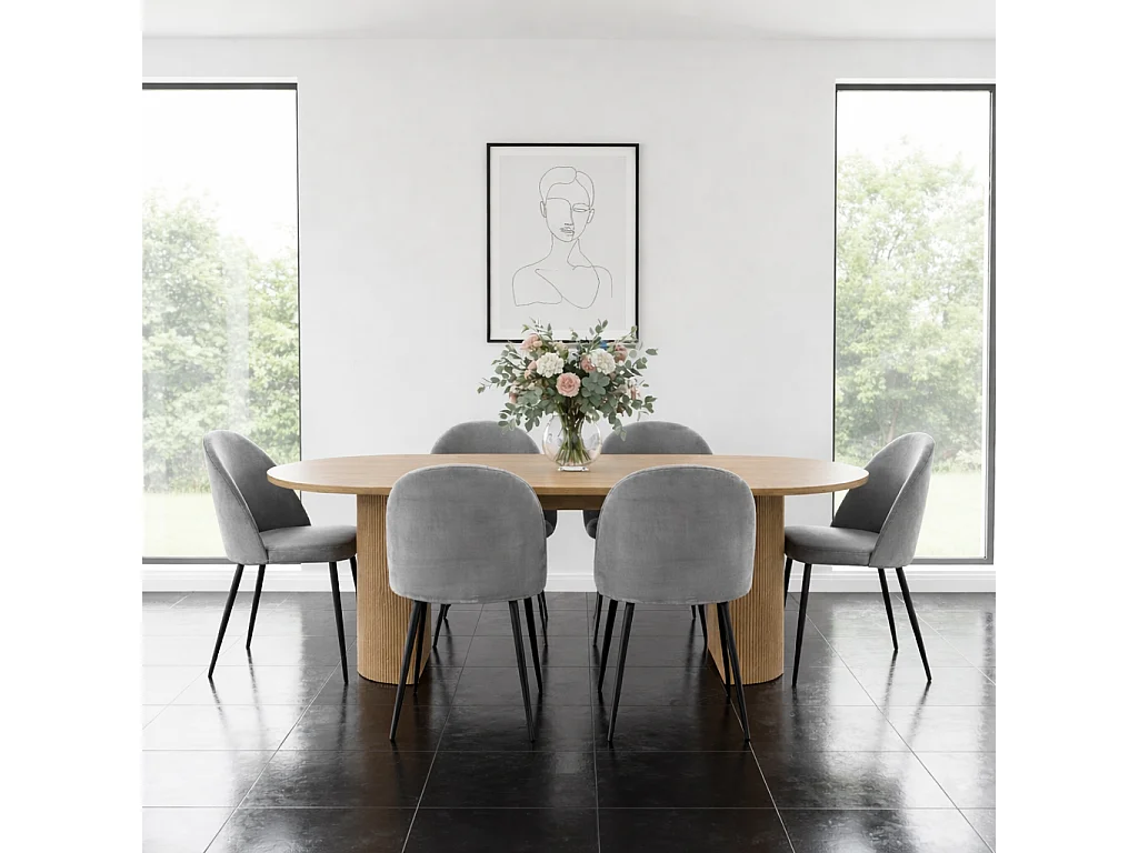 Kyoto ensemble de table à manger table 100x210cm nature, 6 chaises velours gris.