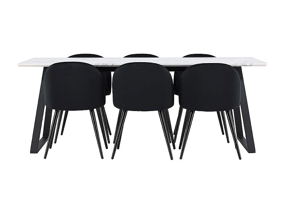 Malaga ensemble pour salle à manger table de salle à manger 90x200cm blanc et 6 Skagen chaise velours noir.