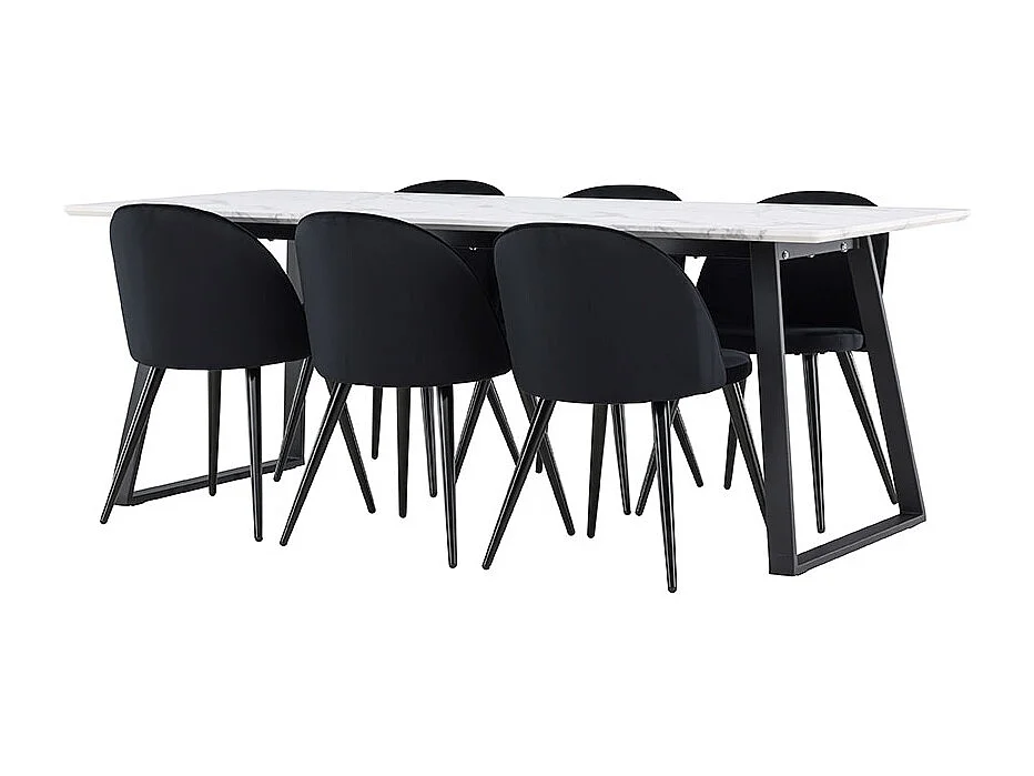 Malaga ensemble pour salle à manger table de salle à manger 90x200cm blanc et 6 Skagen chaise velours noir.