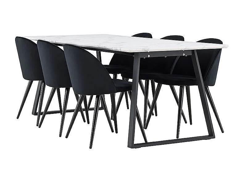 Malaga ensemble pour salle à manger table de salle à manger 90x200cm blanc et 6 Skagen chaise velours noir.