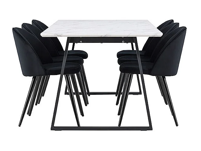 Malaga ensemble pour salle à manger table de salle à manger 90x200cm blanc et 6 Skagen chaise velours noir.