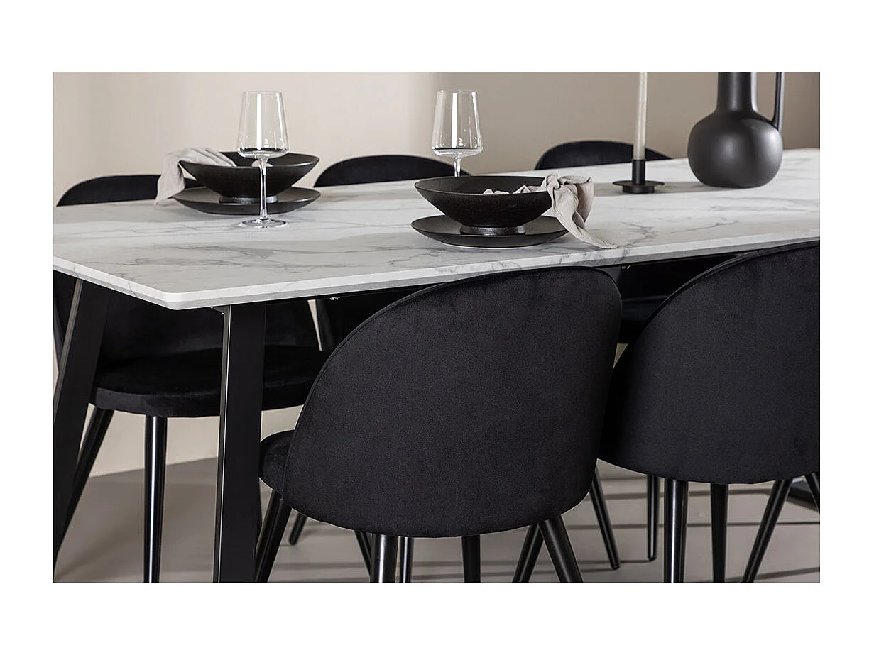 Malaga ensemble pour salle à manger table de salle à manger 90x200cm blanc et 6 Skagen chaise velours noir.