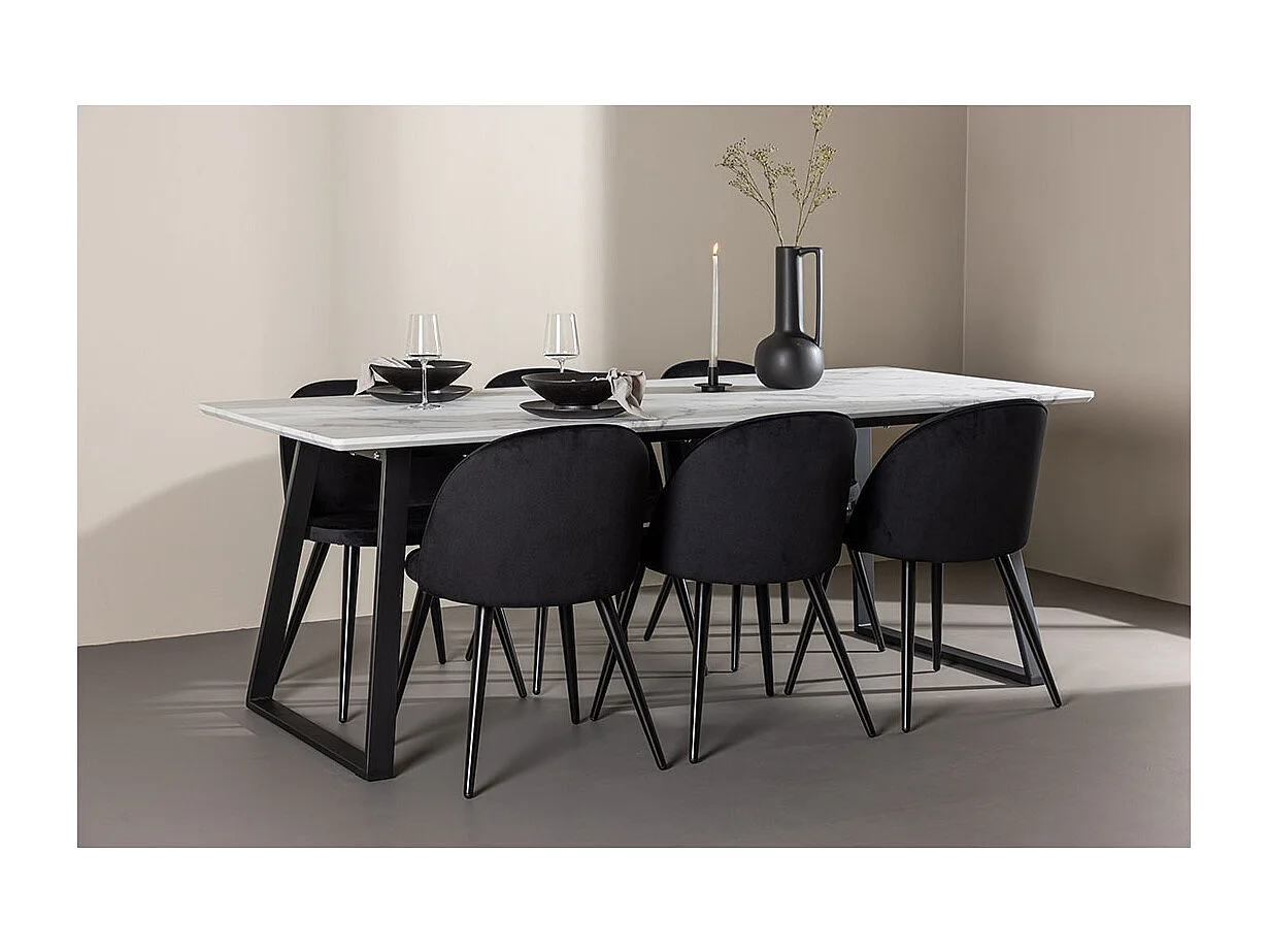 Malaga ensemble pour salle à manger table de salle à manger 90x200cm blanc et 6 Skagen chaise velours noir.