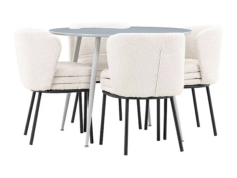 Plaza ensemble pour salle à manger table Ø100cm et 4 chaises bouclé gris.
