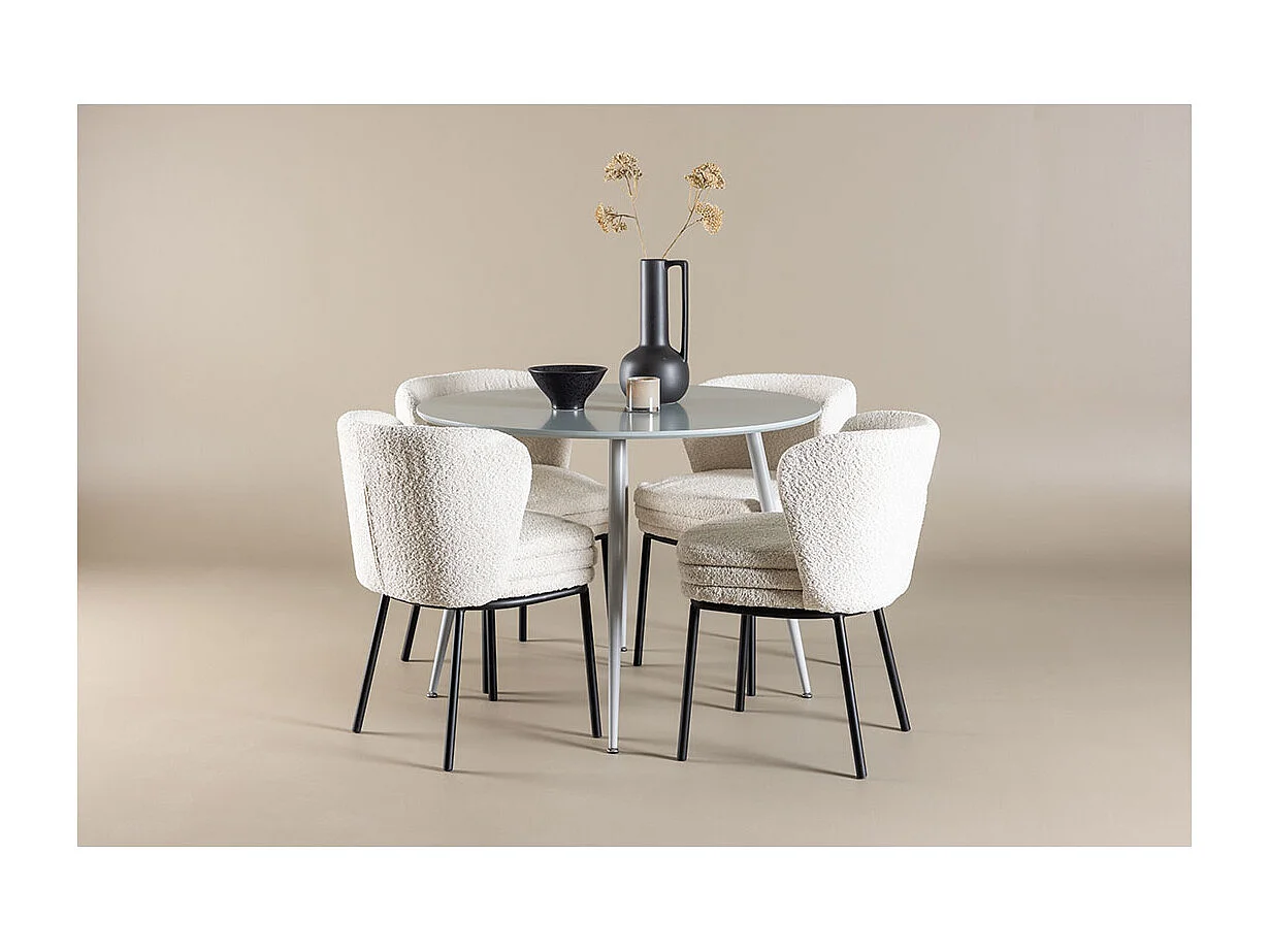 Plaza ensemble pour salle à manger table Ø100cm et 4 chaises bouclé gris.