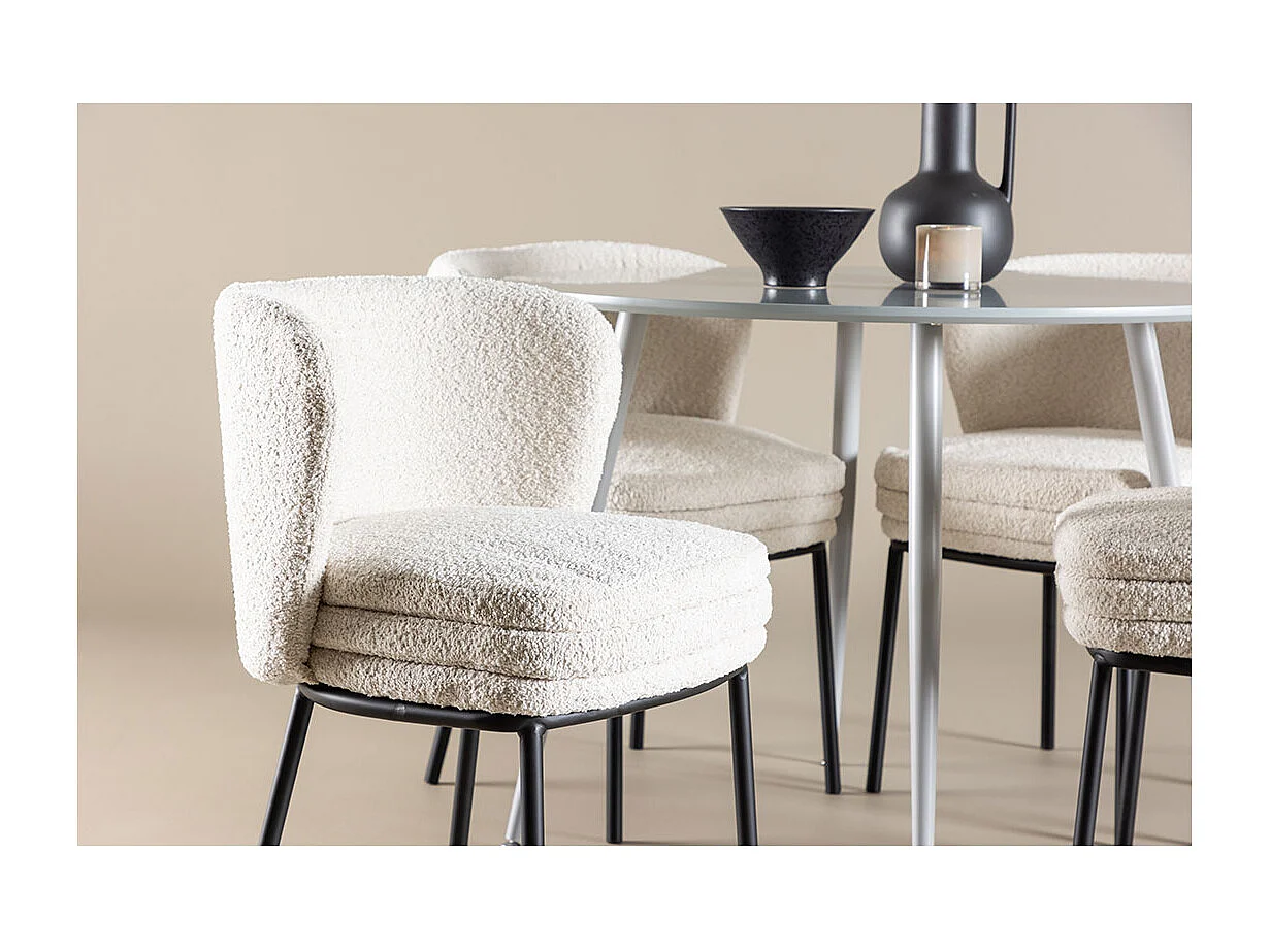 Plaza ensemble pour salle à manger table Ø100cm et 4 chaises bouclé gris.