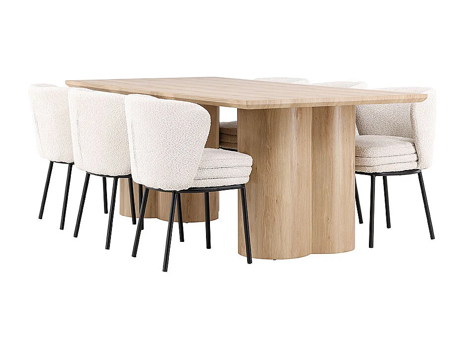 Olivia ensemble pour salle à manger table 100x210cm et 6 chaises bouclé naturel.