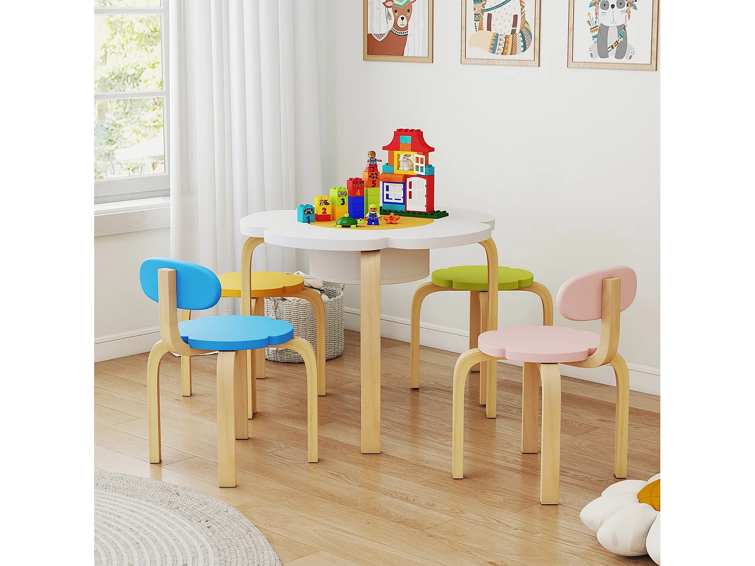 5 Teiliges Kinder Tisch Stuhl Set in Blumenform mit Stauram Kindersitzgruppe Maltisch aus Holz