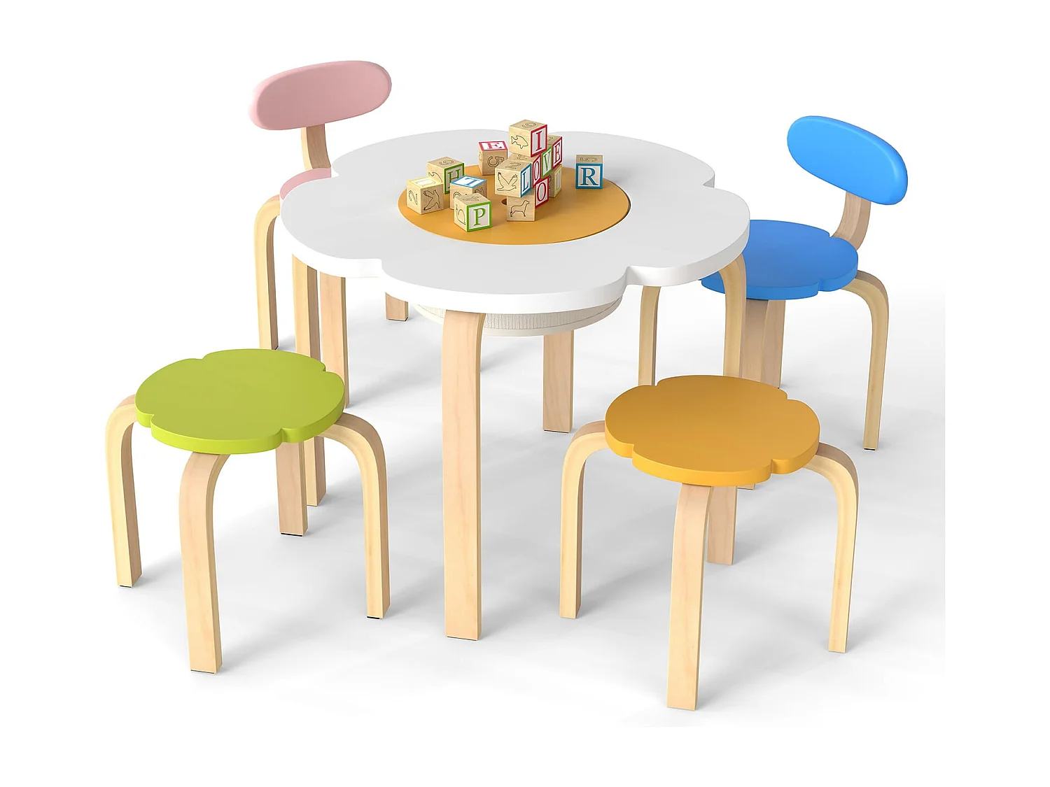5 Teiliges Kinder Tisch Stuhl Set in Blumenform mit Stauram Kindersitzgruppe Maltisch aus Holz
